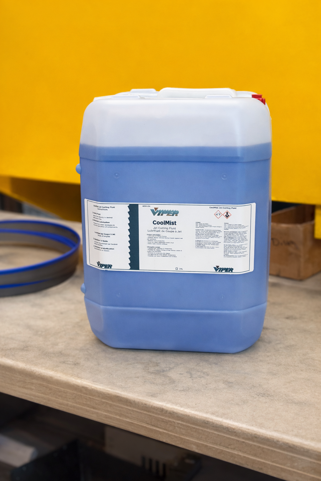 Viper CoolMist Jet Cutting Fluid 20L jug label showing product information and instructions