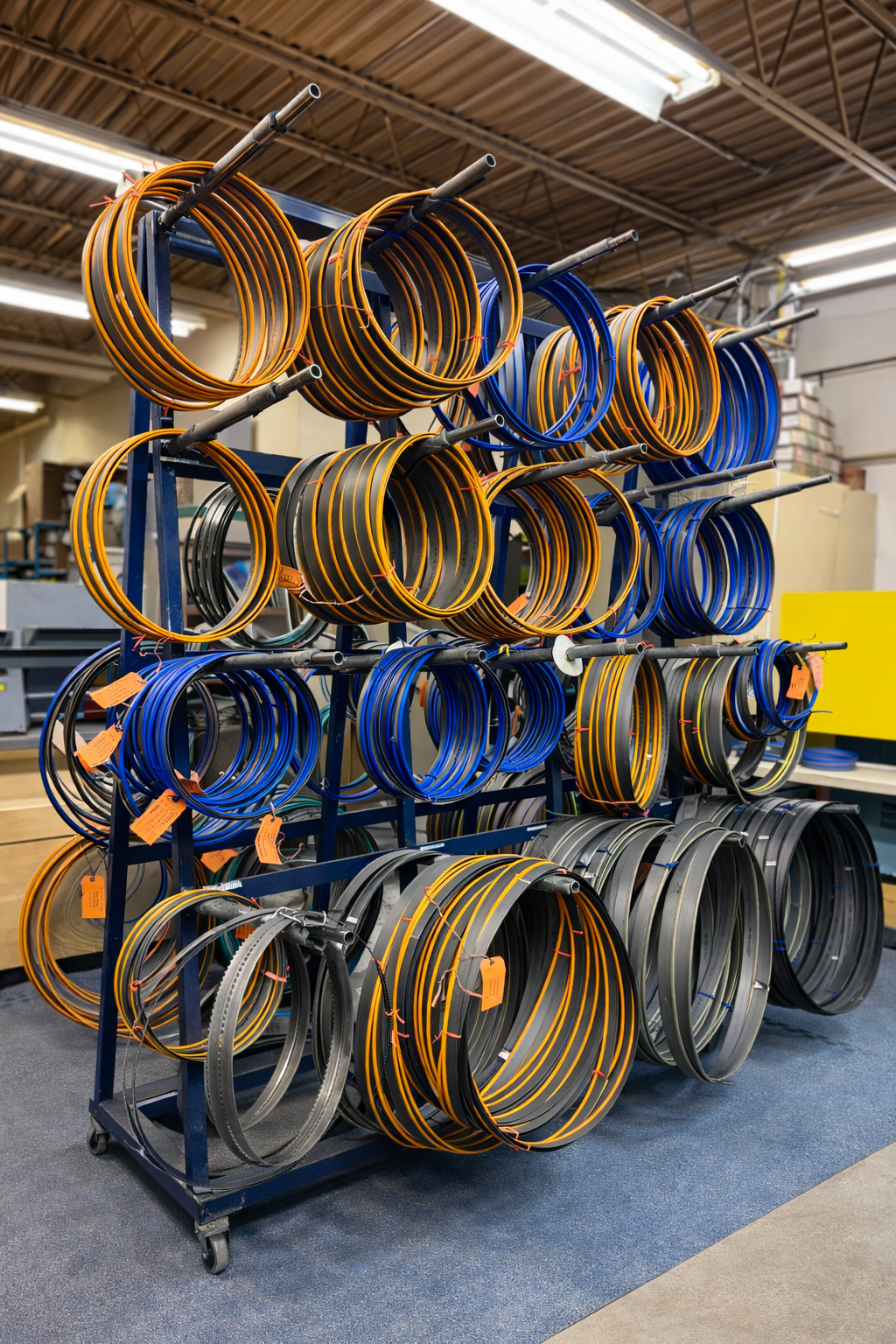 Rack of stocked bandsaw blade coils in various grades and sizes