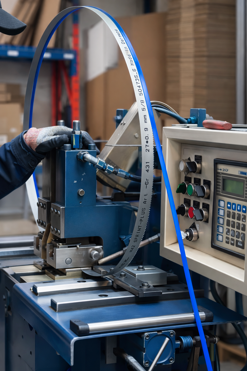 Technician welding a bandsaw blade in-house